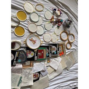 Vintage Cross-Stitch & Embroidery Kit Bundle With Hoops Thread Frames & Patterns